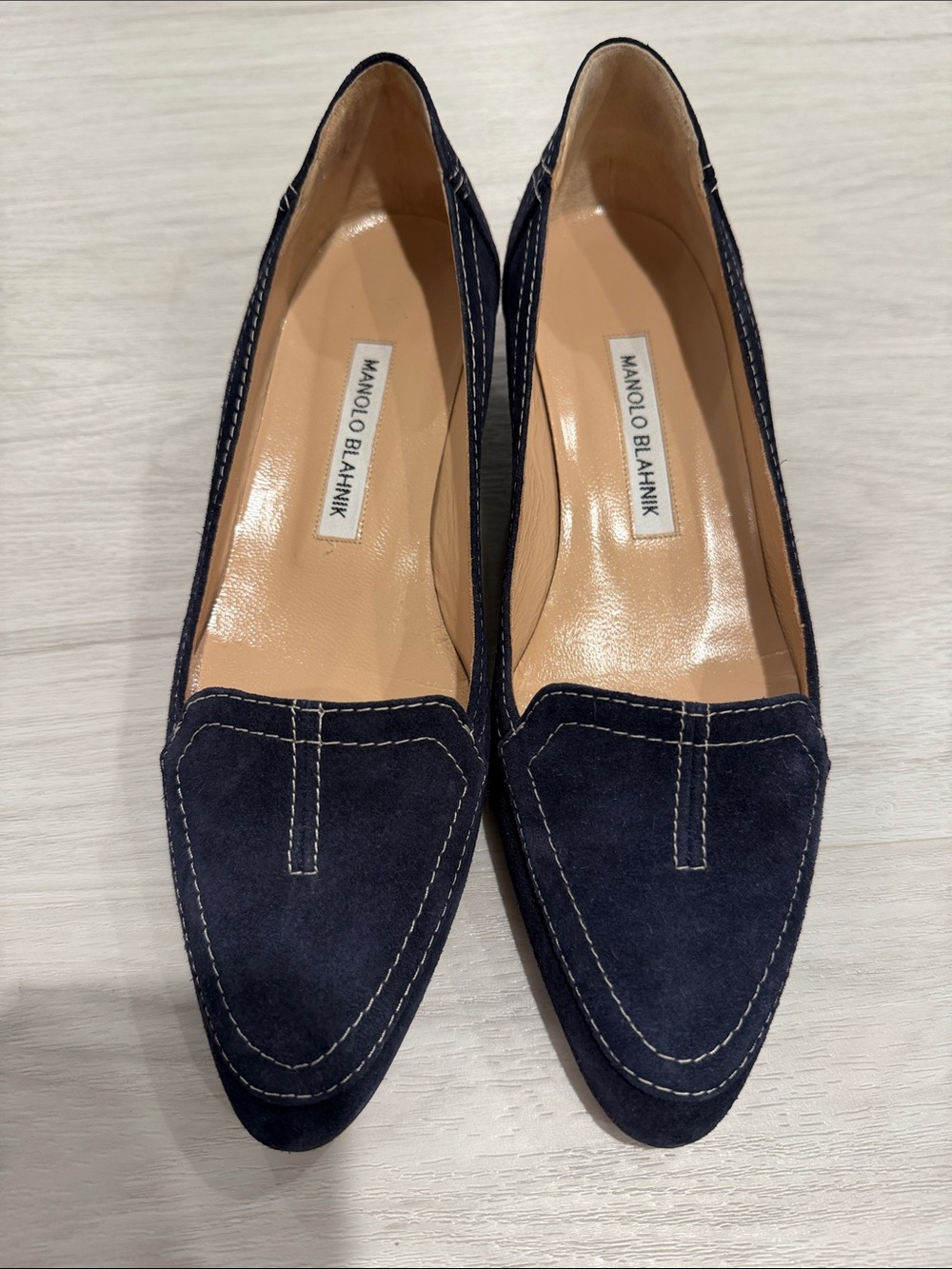 Manolo Blahnik Navy Suede Loafers with Contrast Stitching